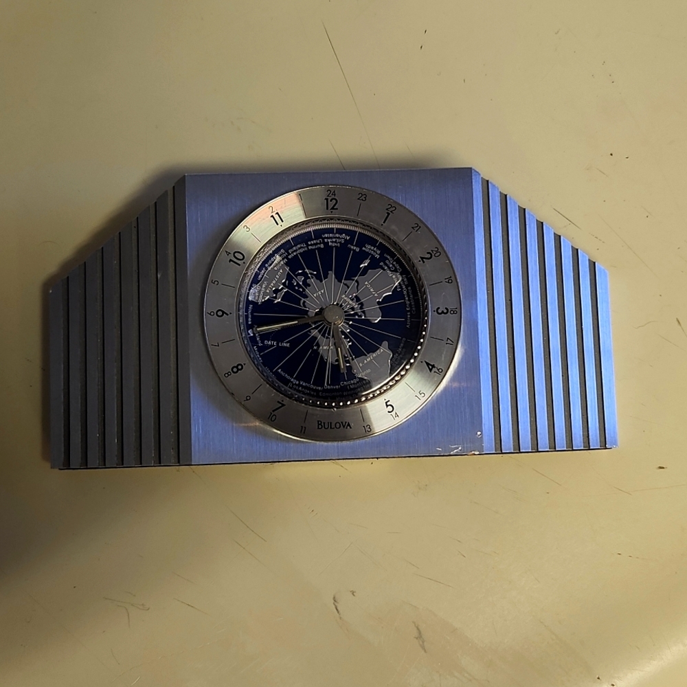 Mid-century Bulova silver tone world alarm clock